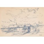 EMMANUEL LEVY (1900 - 1986) PENCIL DRAWING 'Seaside Town' Signed with initals 'E.L.' 3" x 4 1/4" (