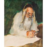 ?HAROLD RILEY (1934) OIL PAINTING ON BOARD ?The Scribe? Signed and dated (19)?68 15? x 12 ½? (38.1 x