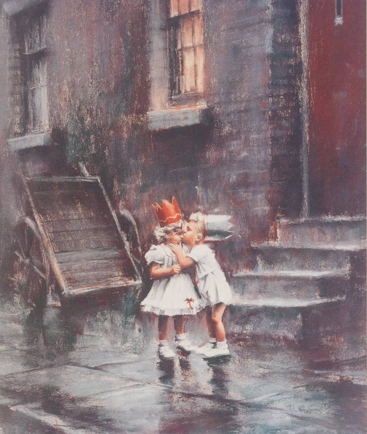 MARC GRIMSHAW ARTIST SIGNED LIMITED EDITION COLOUR PRINT Two young children in party dress kissing