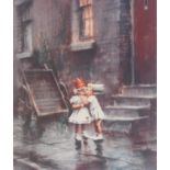 MARC GRIMSHAW ARTIST SIGNED LIMITED EDITION COLOUR PRINT Two young children in party dress kissing