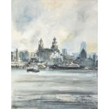 FRANK HENDRY (TWENTIETH CENTURY) OIL ON BOARD View of Liverpool from the river Mersey Signed 17? x