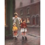 MARC GRIMSHAW (b.1957) PASTEL Street corner scene with mother and two children Signed 17 ¾? x 14? (