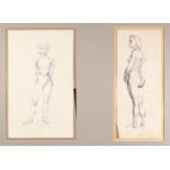 NORMAN C JAQUES (1926-2014) TWO BLUE PEN DRAWINGS Standing female nude One signed, 14 ¾? X 6? (37.