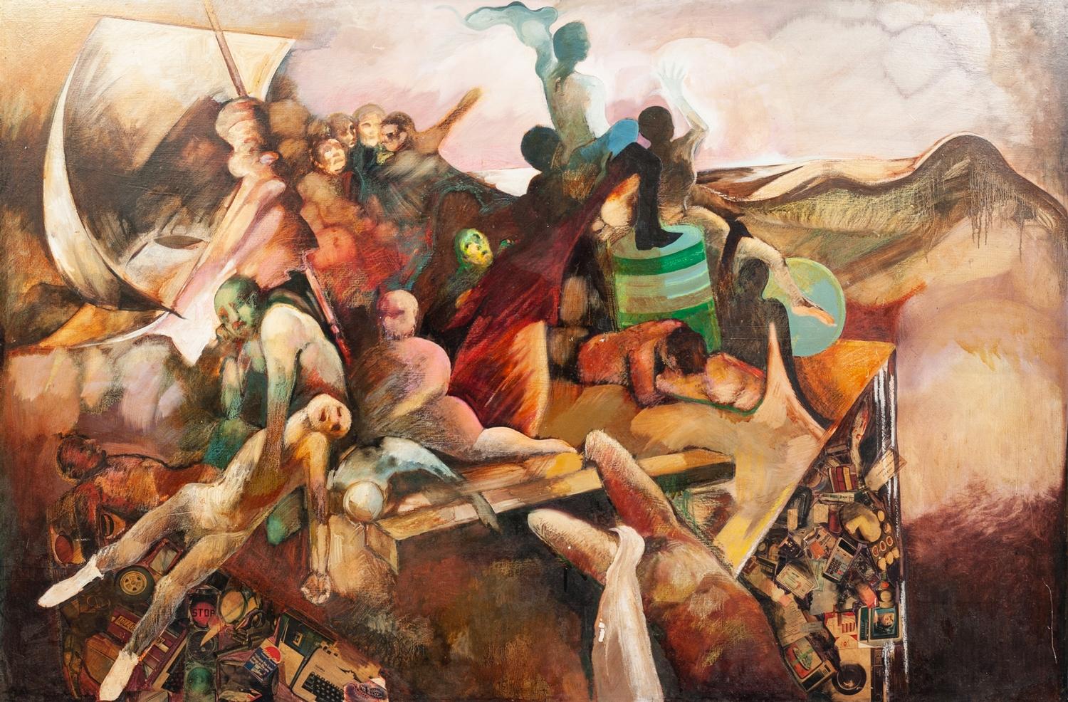 JUNE BURNETT (1936-2010) MIXED MEDIA ON BOARD ?The Raft of Medusa? Signed and titled to label