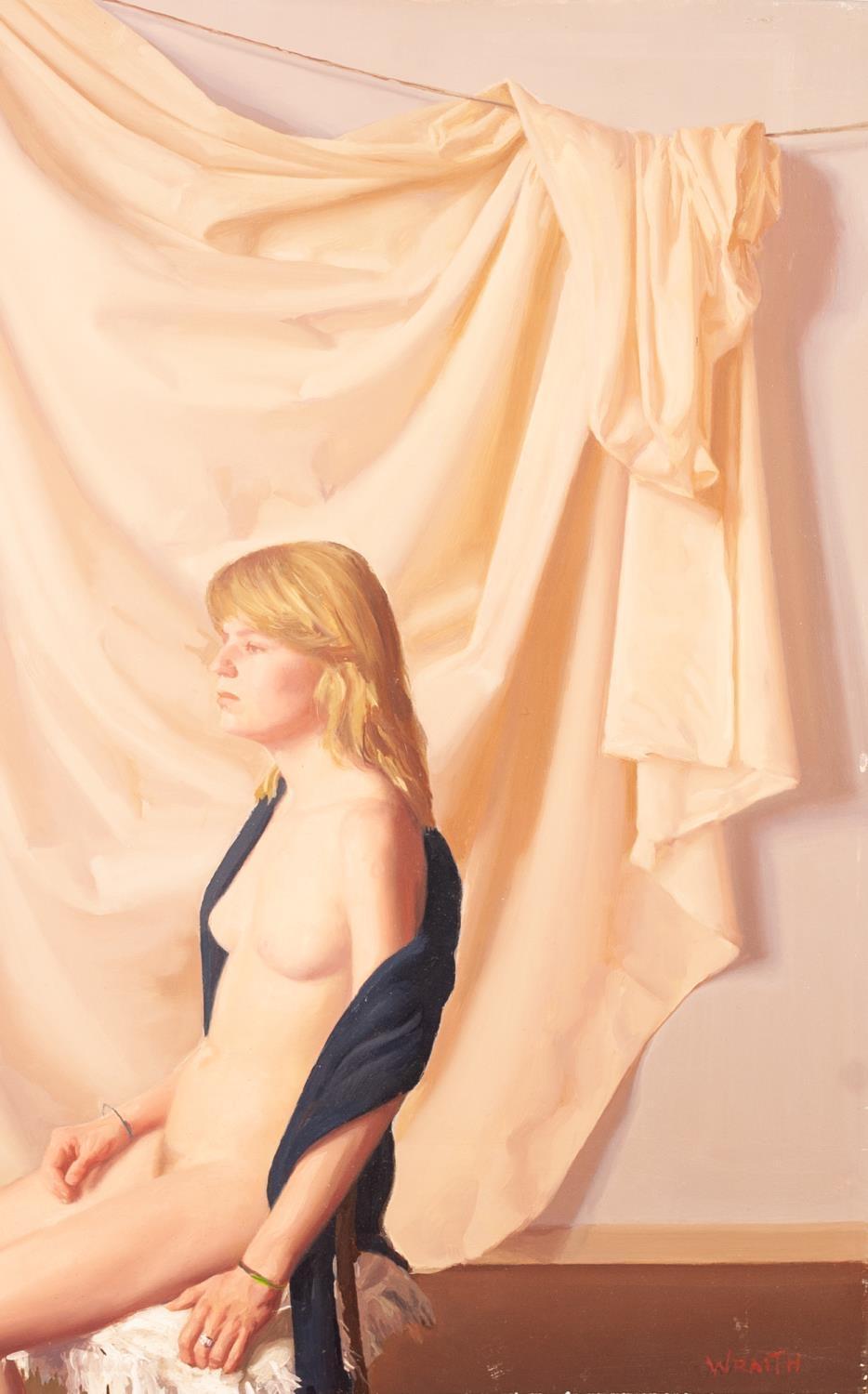?ROBERT WRAITH (b. 1952) OIL PAINTING ON PANEL 'North Light', seated female nude Titled, signed - Image 2 of 2