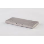 SHALLOW OBLONG SILVER COLOURED METAL STAMP BOX with hinged lid, 2 1/2" long, 1 1/8" deep, marked '