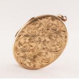 9ct GOLD FOLIATE ENGRAVED OVAL LOCKET PENDANT, measures 5cm by 3cm, 12.43g Good condition.