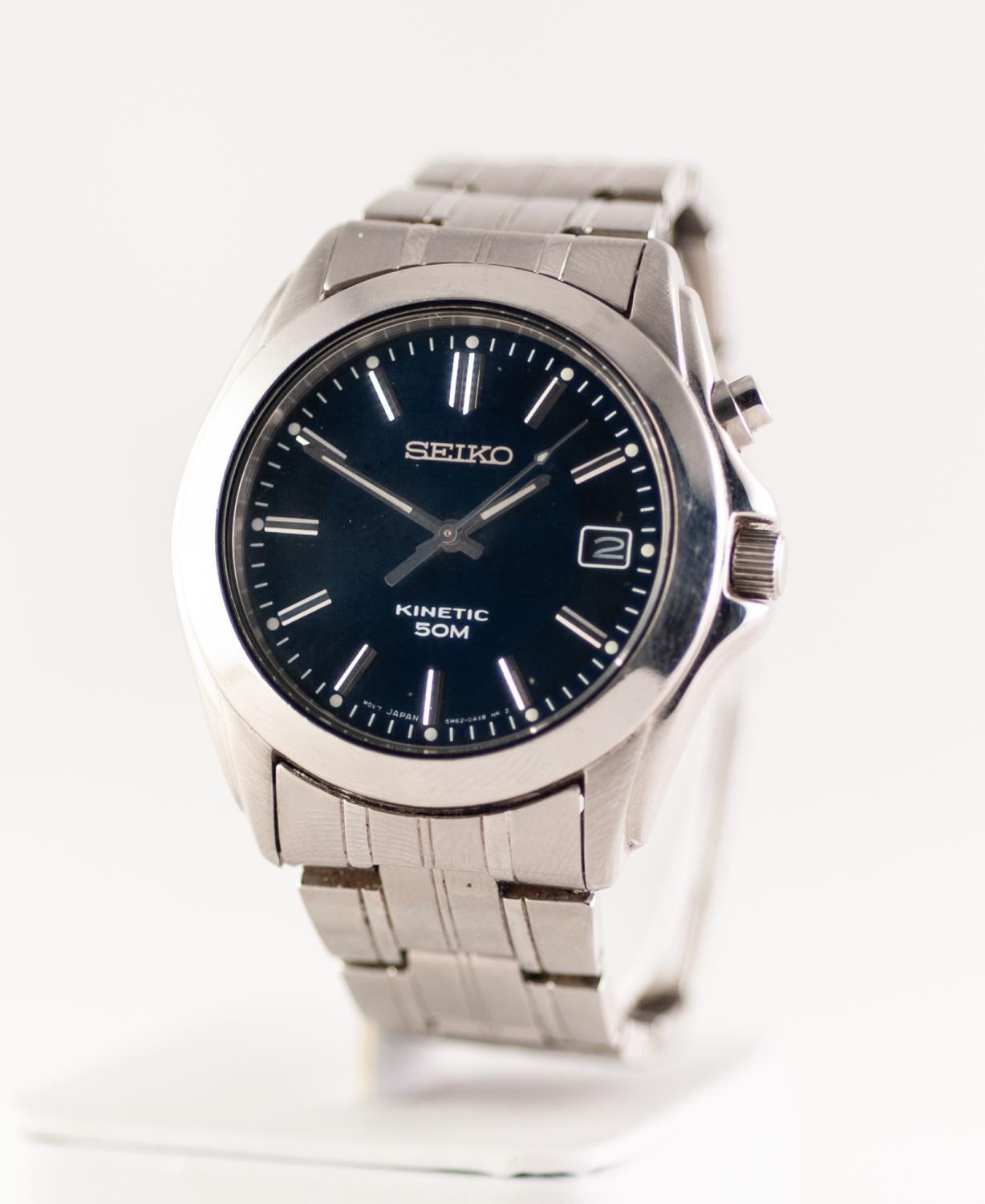 GENTS SEIKO STAINLESS STEEL WRIST WATCH with KINETIC automatic movements, with one button black dial