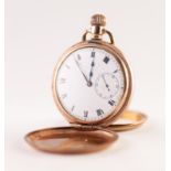 ROLLED GOLD FULL HUNTER POCKET WATCH with 17 jewels keyless movement, white Roman dial with
