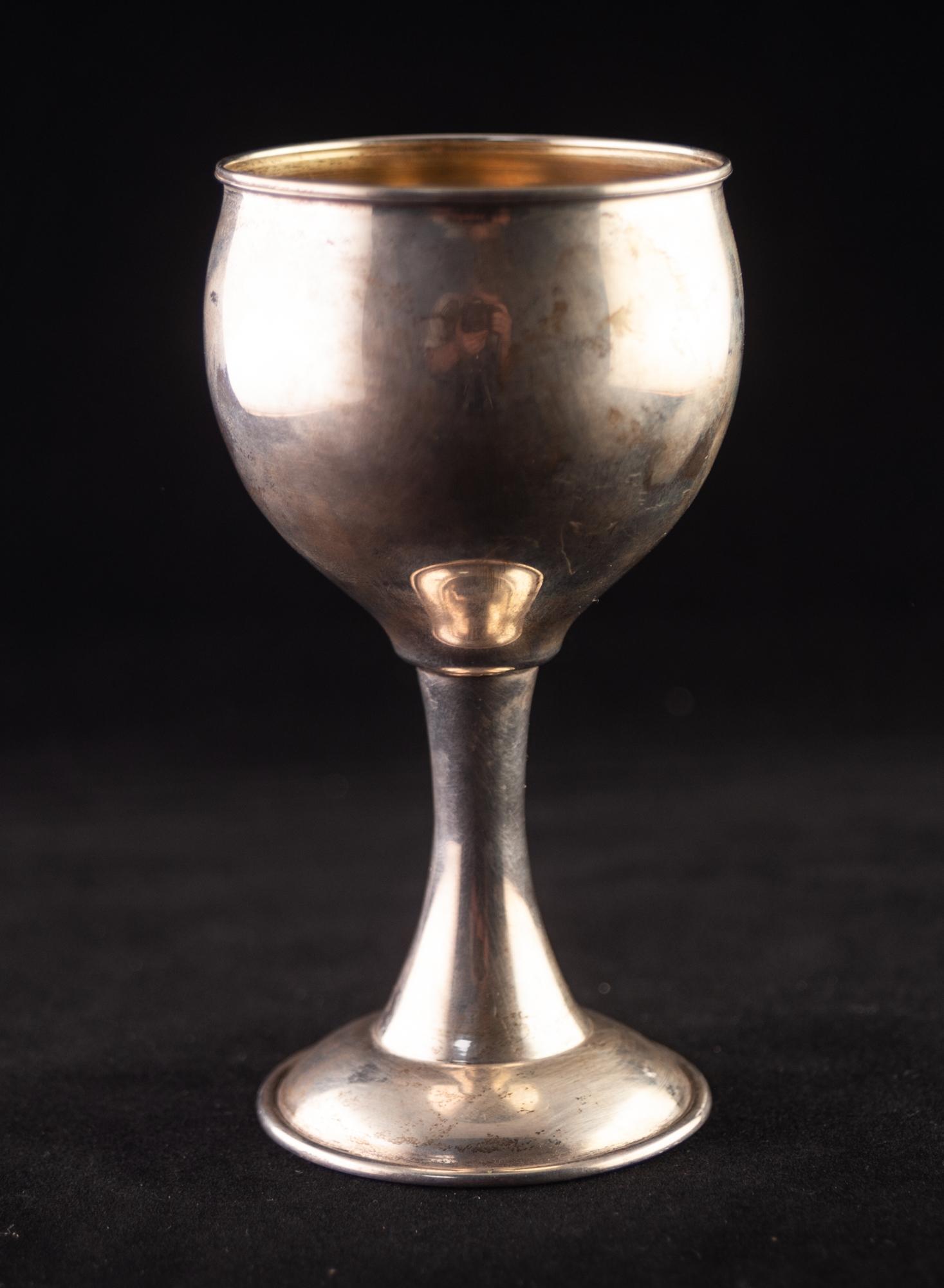 ARTS AND CRAFTS STYLE 925 MARK SILVERED COLOURED METAL WINE GOBLET tulip form bowl applied with - Image 3 of 3