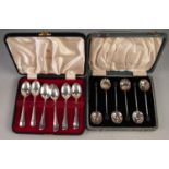 BOXED SET OF SIX SILVER BEAN TOP COFFEE SPOONS with shell moulded bowls, Birmingham 1931 and another