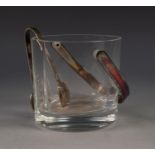 STYLISH MODERN GLASS ICE BUCKET WITH MILLENIUM HALLMARKED SILVER SWING HANDLE AND PAIR OF TONGS BY