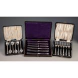 A CASED SET OF SIX SILVER CAKE FORKS, Sheffield 1952, A CASED SET OF SIX EDWARDIAN SILVER COFFEE