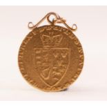 GEORGE III GOLD SPADE ACE GUINEA 1793, with soldered scroll mount as a pendants, 8.6gms gross