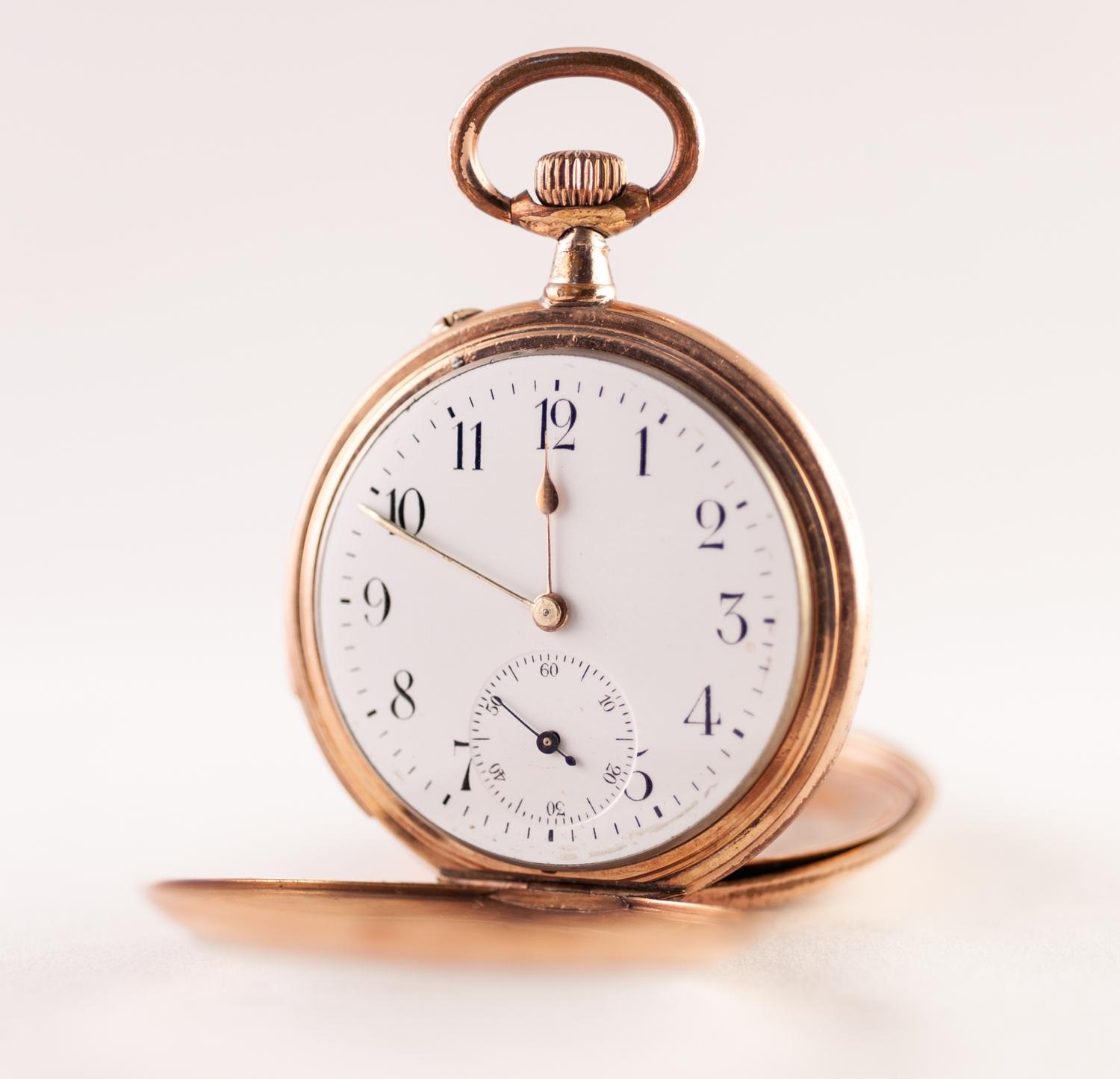 ROLLED GOLD OPEN FACED POCKET WATCH with keyless movement, white Arabic dial with subsidiary seconds