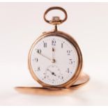 ROLLED GOLD OPEN FACED POCKET WATCH with keyless movement, white Arabic dial with subsidiary seconds