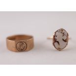 9ct GOLD ST. CHRISTOPHER RING, ring size S and A CAMEO RING, stamped '9CT', ring size M1/2, 7.82g