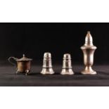 GEORGE V WEIGHTED SILVER SALT AND PEPPER POTS 2 1/4" (5.7) high a GEORGIAN STYLE SILVER MUSTARD