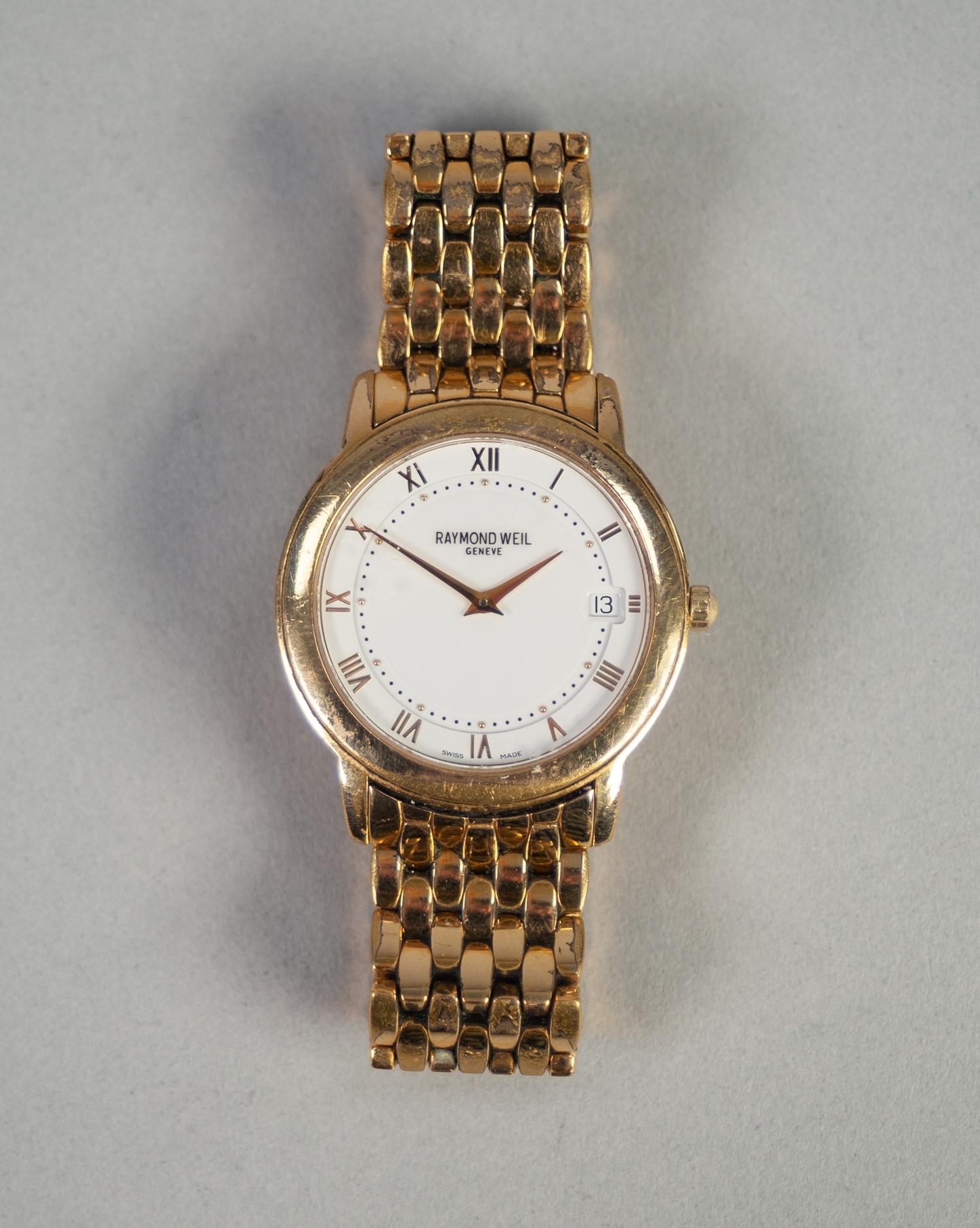 RAYMOND WEIL, GENEVE GENTS SWISS 18ct GOLD PLATED WRIST WATCH and integral gate link strap with