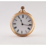 18k GOLD LADY'S OPEN FACED POCKET WATCH with keyless movement, roman white dial, all-over floral and