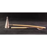 MODERN SILVER CANDLE SNUFFER, of conical form with turned finial and long blackwood handle,