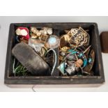 VICTORIAN WALNUT WOOD JEWELLERY CASKET (as found), containing a QUANTITY OF TRINKETS, old pince-nez,