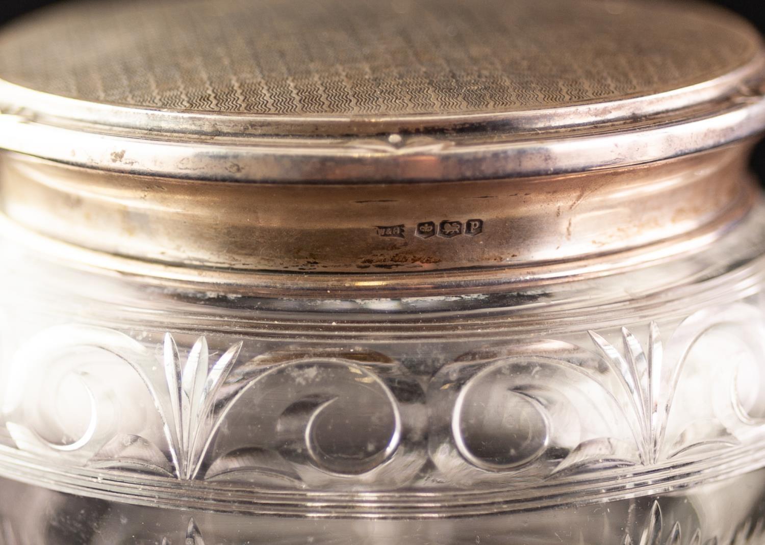 CIRCA 1930's CUT GLASS POWDER BOWL with push on engine turned silver lid, maker Walker & Hall - Image 3 of 3