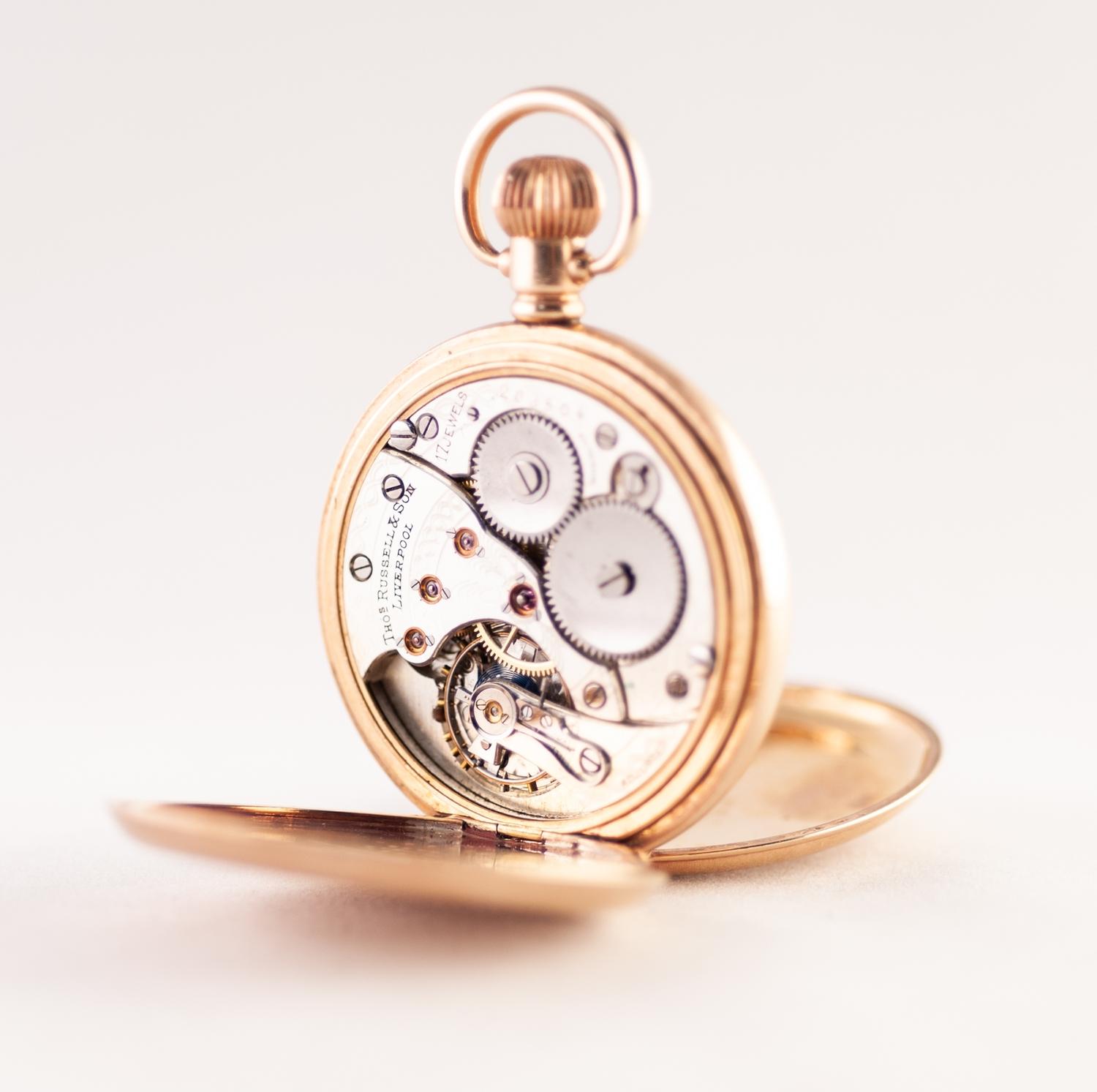 THOMAS RUSSELL & SON, LIVERPOOL, ROLLED GOLD FULL HUNTER POCKET WATCH with Swiss 17 jewels keyless - Image 3 of 3