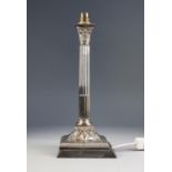 ADAMS STYLE ELECTROPLATED COLUMN CANDLESTICK, converted to a table lamp, of part fluted form with
