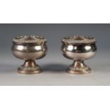 PAIR OF ELECTROPLATED SMALL PEDESTAL ROSE BOWLS WITH GRILLES, (2)