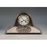 JAPY FRERES, EARLY TWENTIETH CENTURY ELECTROPLATED MANTLE CLOCK, the 4 ¼? enamelled Roman dial
