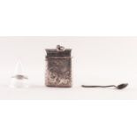 FOLIATE ENGRAVED SILVER VESTA CASE, Birmingham 1896, A SILVER MUSTARD SPOON AND A RING, 0.95toz (3)