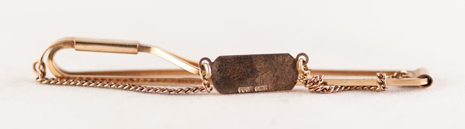 TIE SLIDE, with identity tag connected by a chain, stamped '9CT', length 7cm, 6g Good condition. - Image 2 of 4