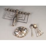 AN INTER WAR YEARS SILVER MENORAH, Birmingham 1928 (broken in two parts) also a SET OF SIX SILVER