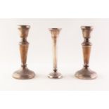 PAIR GEORGIAN STYLE WEIGHTED SILVER CANDLESTICKS with campana shape sconce and tapering stem to