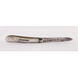 VICTORIAN POCKET FOLDING FRUIT KNIFE with foliate engraved silver blade mother-of-pearl handle, 6