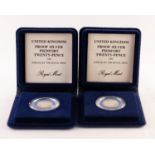 TWO ELIZABETH II ROYAL MINT 1982 STERLING SILVER PROOF PIEDFORT TWENTY PENCE COINS, in cases with