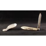EDWARDIAN SILVER AND MOTHER OF PEARL CLASP FRUIT KNIFE with tablet to handle engraved Constance,
