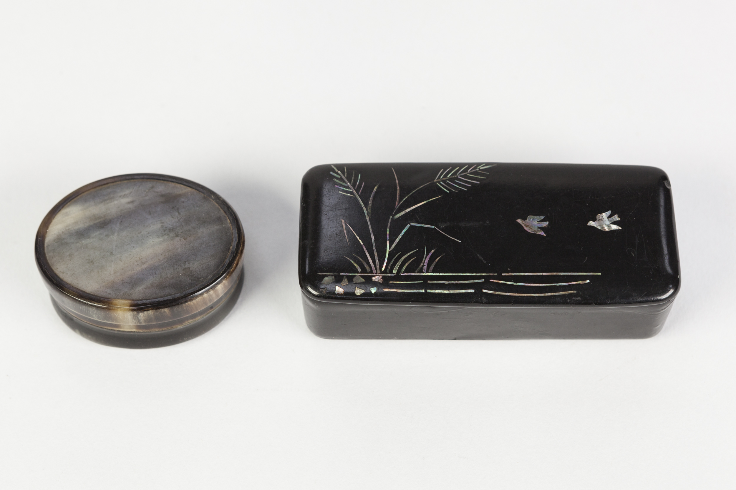 19TH CENTURY MOTHER-OF-PEARL INLAID OBLONG SNUFF BOX, depicting birds and rushes, measures 8.5cm