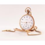 ROLLED GOLD OPEN FACED POCKET WATCH WITH KEYLESS SWISS 7 JEWEL MOVEMENT, white Arabic dial with