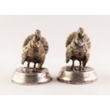 PAIR EDWARDIAN CAST SILVER MENU HOLDERS IN THE FORM OF TURKEYS attached to hollow circular base,
