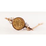 GEORGE V GOLD SOVEREIGN 1917 (VF) loose mounted as a brooch, unmarked and the fine safety chain
