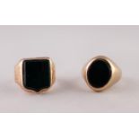 9ct GOLD BLOODSTONE SIGNET RING. With oval bloodstone, ring size I1/2 and A 15ct GOLD SHEILD-