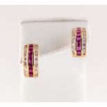 PAIR OF 18ct GOLD, RUBY AND DIAMOND HALF HOOP PATTERN EARRINGS for pierced ears, each set with a