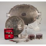 MIXED LOT OF ELECTROPLATE, to include: TWO HANDLED LARGE TEA TRAY, with cyma border and planished