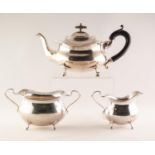 GEORGE V COMPOSITE THREE PIECE SILVER TEA SET OF OVAL FORM and raised on scroll feet, tea pot with