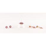 A 9ct GOLD RING, set with tiny ruby coloured and white stones, TOGETHER A PAIR OF MATCHING 9ct