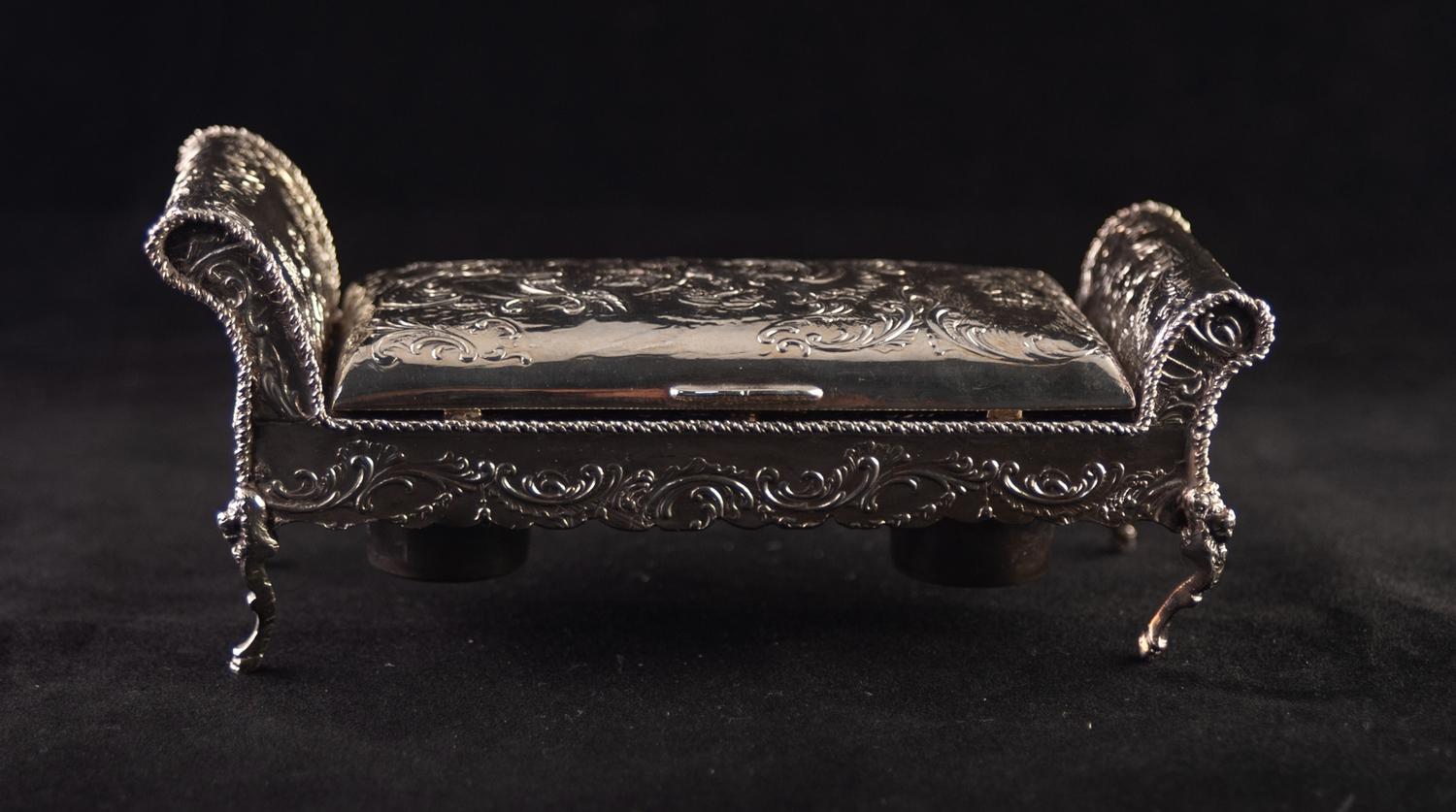 A LATE NINETEENTH CENTURY CONTINENTAL SILVER INKSTAND in the form of scroll ended stool, stamped - Image 2 of 6