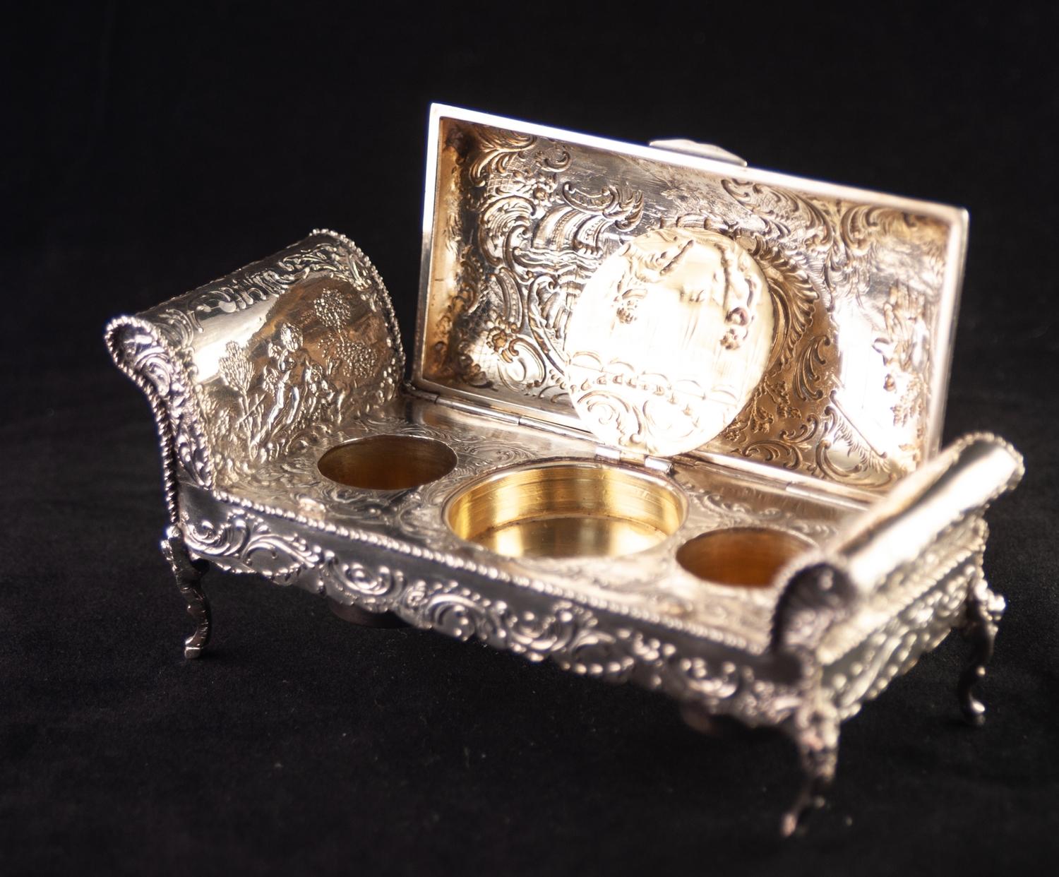 A LATE NINETEENTH CENTURY CONTINENTAL SILVER INKSTAND in the form of scroll ended stool, stamped - Image 5 of 6