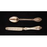 VICTORIAN ENGRAVED SILVER BUTTER KNIFE WITH FILLED HANDLE, Birmingham 1859, together with an 800